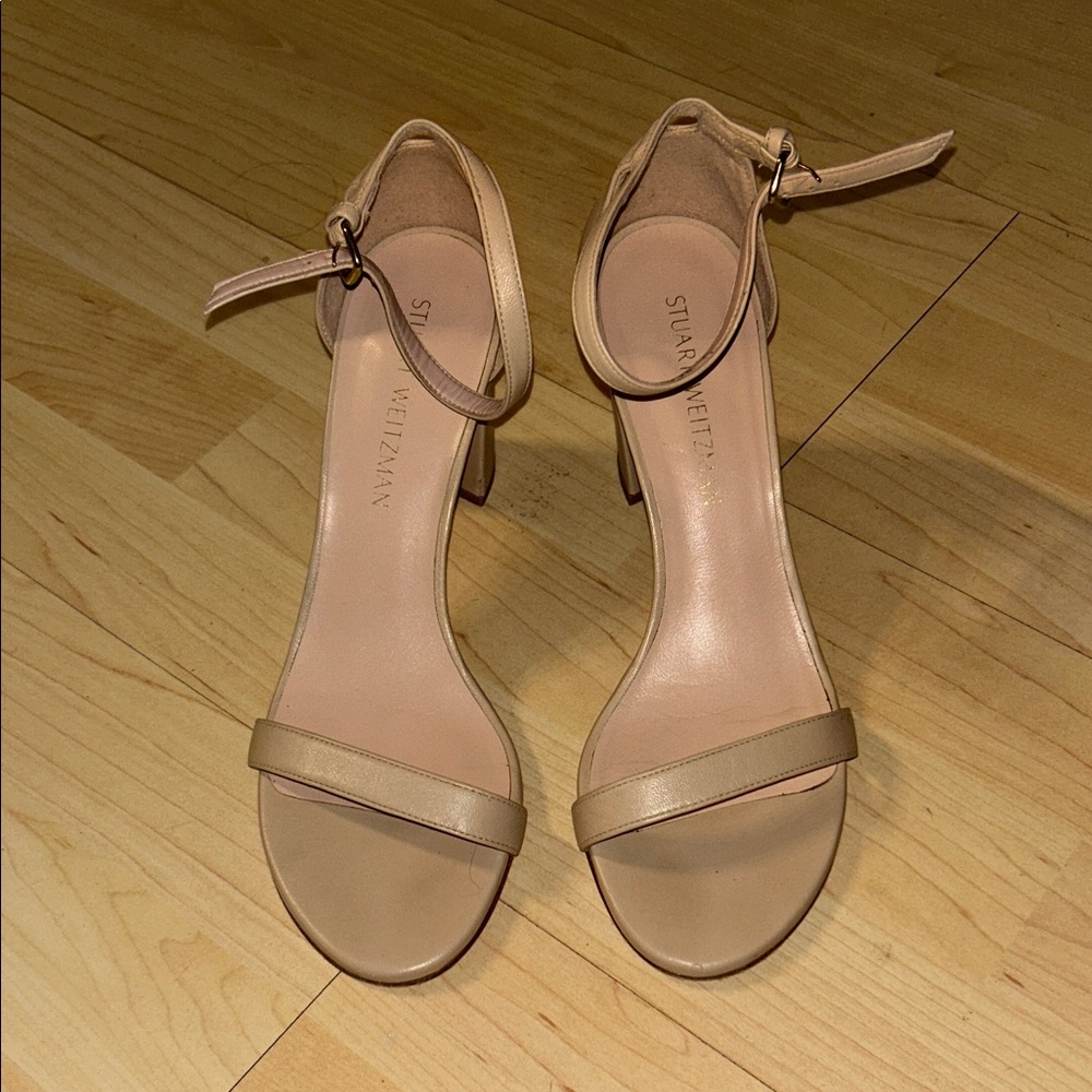 Stuart Weitzman Nappa Leather Nearly Nude Ankle Strap Sandal Block Heels